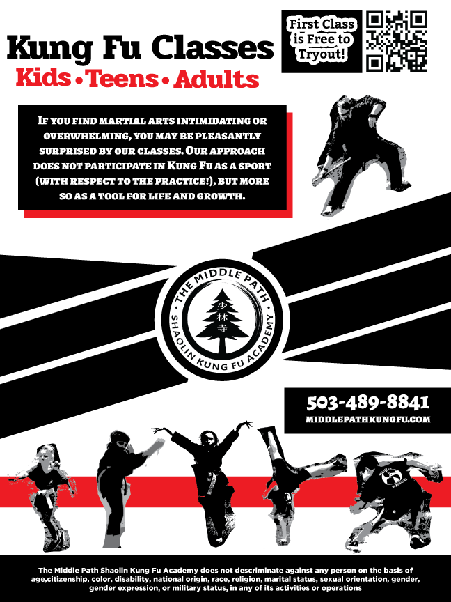 Kung Fu poses on a kung fu flyer for a martial arts studio in portland oregon